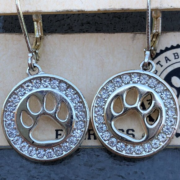 Pet Friends Dog Paw Print Gold Tone Faux Diamond Drop Earrings - Picture 4 of 5
